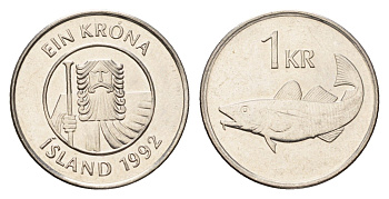Исландия 1 крона 1992 треска KM 27a сталь плакированная никелем UNC 4687-839