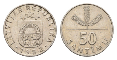 Латвия 50 сантимов 1992 KM 13 медно-никель 4689-755