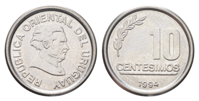 Уругвай 10 сентесимо 1994 год-тип KM 102 нержавеющая сталь UNC 4697-1036