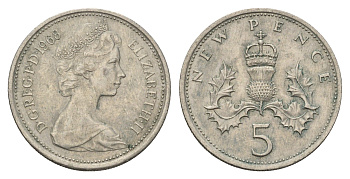 Великобритания 5 новых пенсов 1968 Елизавета II (1952-2022) KM 911, Spink 4233 (D1) медно-никель 68-911