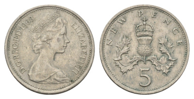 Великобритания 5 новых пенсов 1968 Елизавета II (1952-2022) KM 911, Spink 4233 (D1) медно-никель 68-911