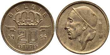 Бельгия 20 сантимов 1954 Belgie, Бодуэн I (1951-1993) KM 147.1 бронза 4392-847