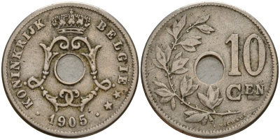 Бельгия 10 сантимов 1905 BELGI? KM 53 медно-никель 4189-759