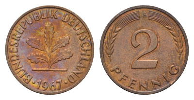 ФРГ 2 пфеннига 1967 F KM 106, J. 381 бронза 3458-723