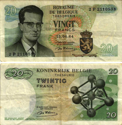 Бельгия 20 франков 1964 Бодуэн I, атомиум, d Haeze Pick 138 (1) бумага 7486-37-3-1