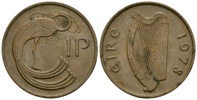 Ирландия 1 пенни 1978 мифологическая птица лира KM 20 бронза 4138-854