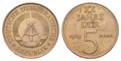 ГДР 5 марок 1969 A, 20 лет ГДР KM 22.1, J. 1524 никель бронза 4389-1114