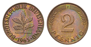 ФРГ 2 пфеннига 1965 F KM 106, J. 381 бронза 211-668