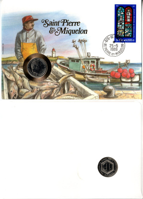 Франция 1 франк 1988 Шарль де Голль , Сен-Пьер и Микелон, в конверте с маркой (КПД - Конверт первого дня Гашения) KM 963, Le Franc 227.2 никель UNC 9003-32