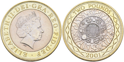 Великобритания 2 фунта 2001 Елизавета II (1952-2022) KM 999, Spink 4570 (K9) биметалл UNC 4565-143