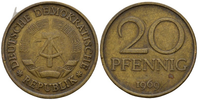 ГДР 20 пфеннигов 1969 A, первый год KM 11 латунь 4601-536