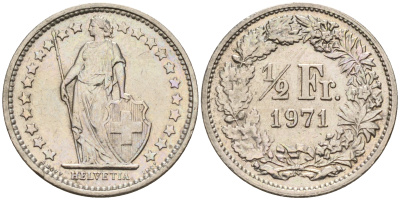 Швейцария 1/2 франка 1971  KM 23a.1 медно-никель    4160-1165