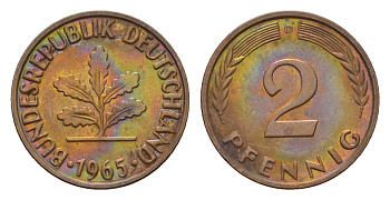 ФРГ 2 пфеннига 1965 D KM 106, J. 381 бронза 4549-626