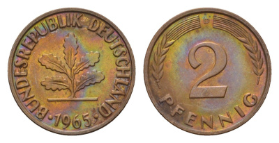 ФРГ 2 пфеннига 1965 D KM 106, J. 381 бронза 4549-626