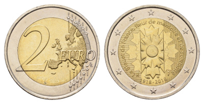Франция 2 евро 2018 100 лет окончанию Первой Мировой войны KM 2458 биметалл UNC 72-1441