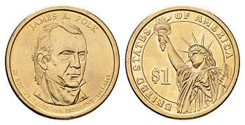 США 1 доллар 2009 D, Президент США - Джеймс Нокс Полк (1845-1849) KM 452 медь с марганцево-латунным покрытием UNC 4624-455