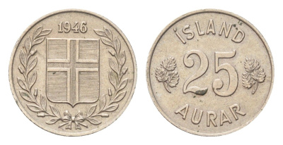 Исландия 25 эйре 1946 KM 11 медно-никель 4705-542