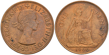 Великобритания 1 пенни 1966 Елизавета II (1952-2022) KM 897, Spink 4157 бронза 4112-746