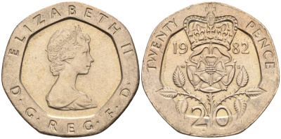 Великобритания 20 пенсов 1982 Елизавета II (1952-2022) KM 931, Spink 4230 (G1) медно-никель 4585-1114