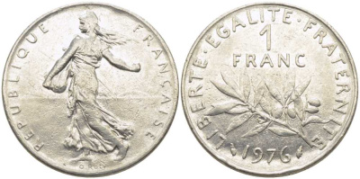 ФРАНЦИЯ 1 ФРАНК 1976 СЕЯТЕЛЬ KM 925.1, LE FRANC 226.21 никель 175-537