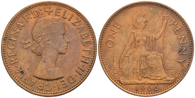 Великобритания 1 пенни 1966 Елизавета II (1952-2022) KM 897, Spink 4157 бронза 4112-746