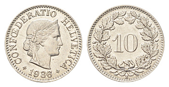 Швейцария 10 раппенов 1936 B KM 27b никель 4708-151