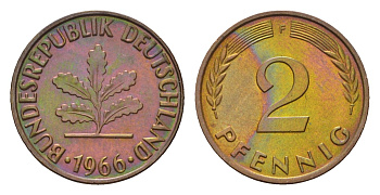 ФРГ 2 пфеннига 1966 F KM 106, J. 381 бронза 4528-819