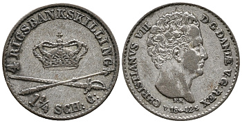 Дания 4 скиллинг 1842 VS, Кристиан VIII (1839-1848), SKILLING RIGSMONT KM 721.2 (С123.2) серебро 100-752