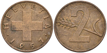 Швейцария 2 раппена 1957 В KM 47 бронза 4591-1155