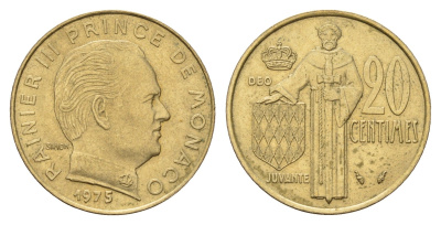 Монако 20 сантимов 1975 Ренье III (1949-2005) KM 143 медь алюминий никель 53-657