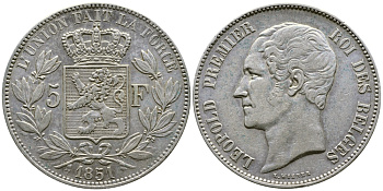 Бельгия 5 франков 1851 Леопольд I (1831-1865) KM 17 серебро 1066-20-31