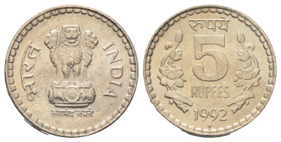 Индия 5 рупий 1992 KM 154.1 медно-никель UNC 4700-147