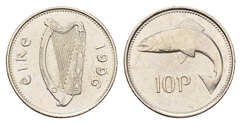 Ирландия 10 пенсов 1996 лосось KM 29 медно-никель UNC 4175-1026