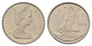 Канада 10 центов 1973 Елизавета II (1952-2022), парусник KM 77 никель 4689-538