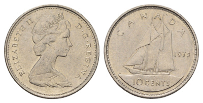 Канада 10 центов 1973 Елизавета II (1952-2022), парусник KM 77 никель 4689-538