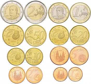 Испания евронабор из 8 монет 2013 1, 2, 5, 10, 20, 50 евроцентов, 1 и 2 евро KM 1040, 1041, 1042, 1070, 1071, 1072, 1073, 1074 4686-341-347