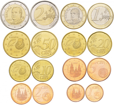 Испания евронабор из 8 монет 2013 1, 2, 5, 10, 20, 50 евроцентов, 1 и 2 евро KM 1040, 1041, 1042, 1070, 1071, 1072, 1073, 1074 4686-341-347