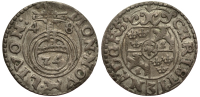 Ливония, Рига 1/24 талера 1648 Шведская оккупация, Кристина (1632-1654), минтмарк собака, вес 0,71 гр. KM 3, S.B. 2 a серебро 1516-622