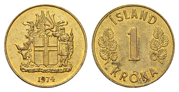 Исландия 1 крона 1974 KM 12a никель латунь UNC 4691-516