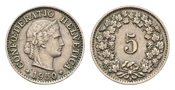 Швейцария 5 раппенов 1950 B, редкий год KM 26 медно-никель 46-1132