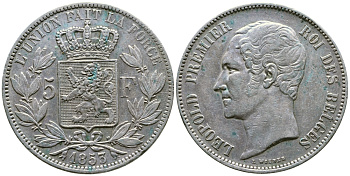 Бельгия 5 франков 1853 Леопольд I (1831-1865) KM 17 серебро 1066-20-45