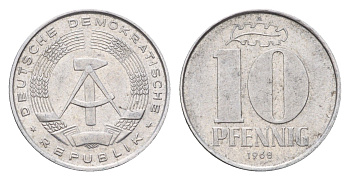 ГДР 10 пфеннигов 1968 A KM 10 алюминий 4685-1267
