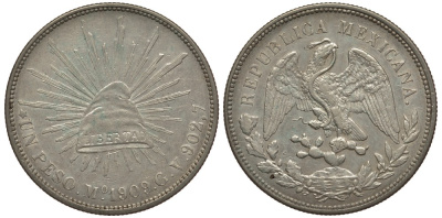 Мексика 1 песо 1909 Mo GV KM 409.2 серебро 633-121