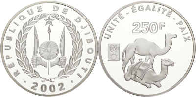 Джибути 250 франков 2002 верблюды KM 41 серебро PROOF 01-080-34