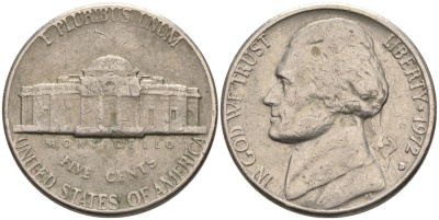 США 5 центов 1972 D, Джеферсон КМ А192 медно-никель 4573-143