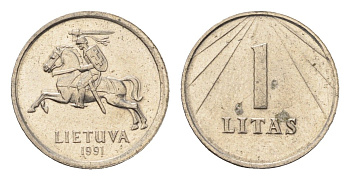 Литва 1 лит 1991 год-тип KM 91 медно-никель 4687-1251
