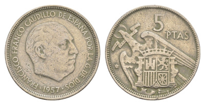 Испания 5 песет 1957 (59) Франциско Франко (1939-1975) KM 786 медно-никель 4650-112