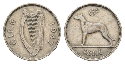 Ирландия 6 пенсов 1947 собака, ирландский волкодав KM 13a медно-никель 3851-1253