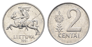 Литва 2 цента (сента) 1991 год-тип KM 86 алюминий aUNC 4689-1042