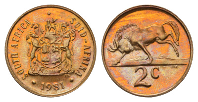 ЮАР 2 цента 1981 герб, антилопа гну KM 83 бронза PROOF 4693-356